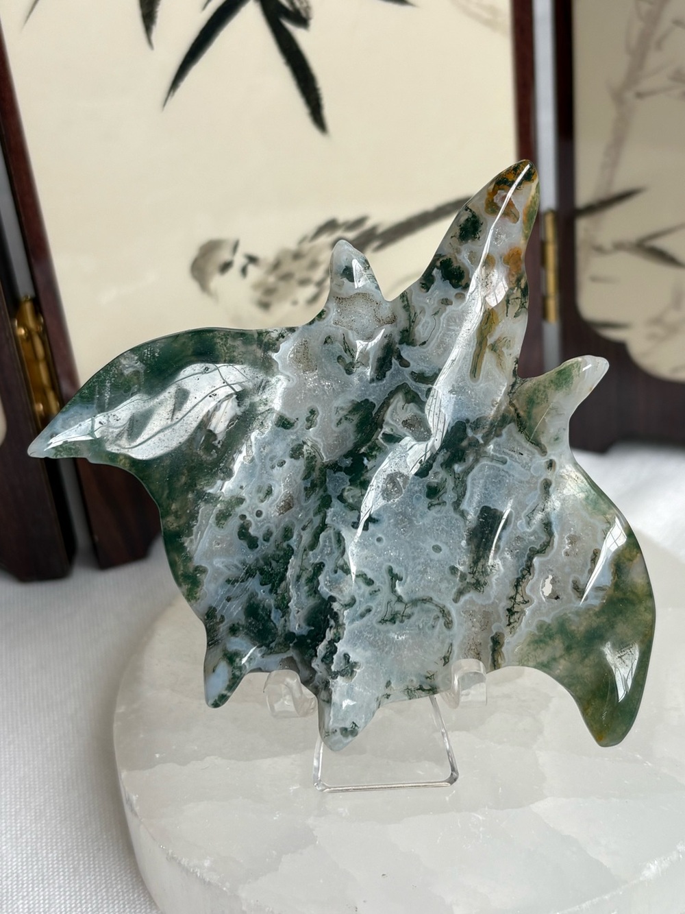 Red moss agate crystal manta ray carving